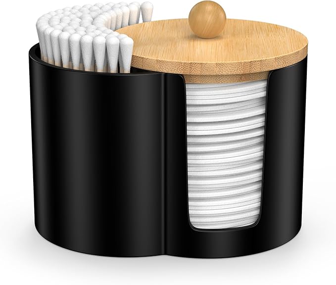 Cotton Pad Swab Holder, Q tip Holder Round Makeup Pads Dispenser Small Plastic Swabs Dispenser with Lid, Bathroom Accessories Storage Organizer for Floss Picks, Black