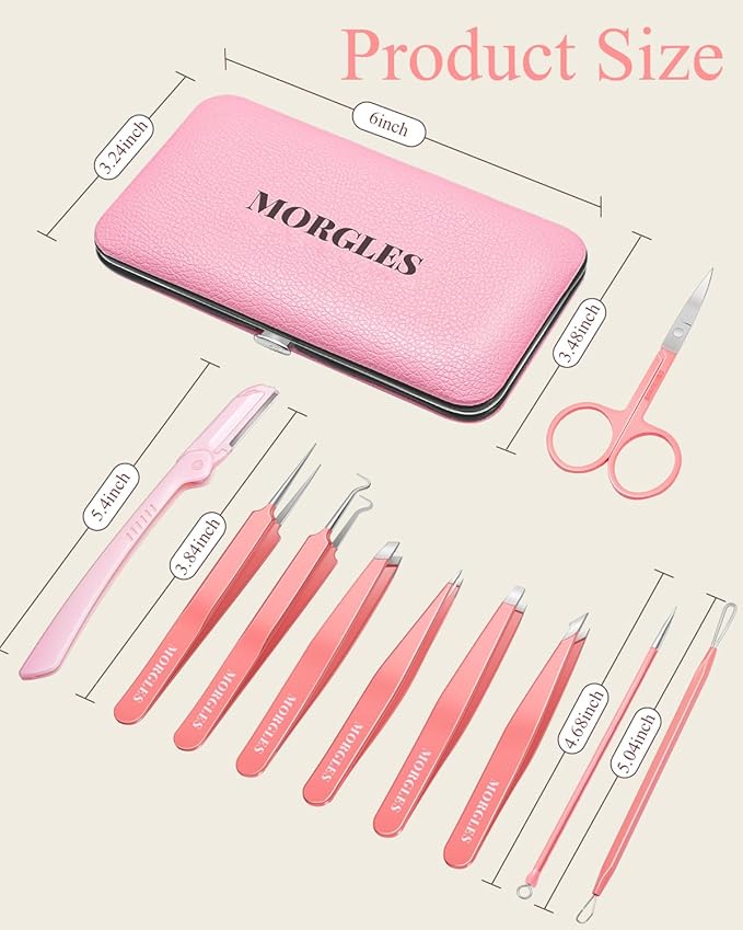 Eyebrow Tweezers for Women Facial Hair, 10 in 1 Eyebrow Kit with Pimple Popper and Blackhead Remover Tool, Ingrown Hair Tweezers Set with Travel Bag, Hair Plucking Daily Beauty Tools