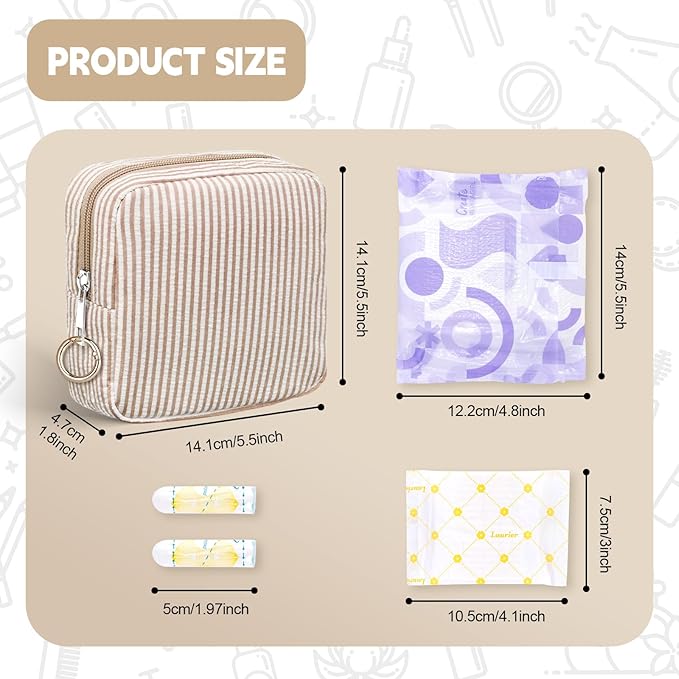 Period Bag for Teen Girls, Stripes Sanitary Napkin Storage Bag with Ring Buckle, Menstrual Pad Pouches Tampon Holder for Purse (Khaki)