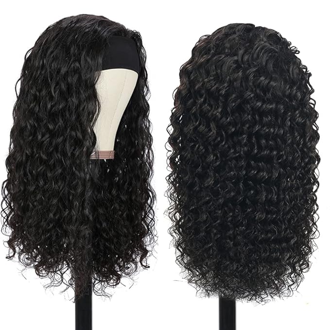 XSY Headband Wig Human Hair Deep Wave Headband Wigs for Black Women No Lace Front Wigs Virgin Curly Headband Wig 150% Density (12 Inch, Natural Color)