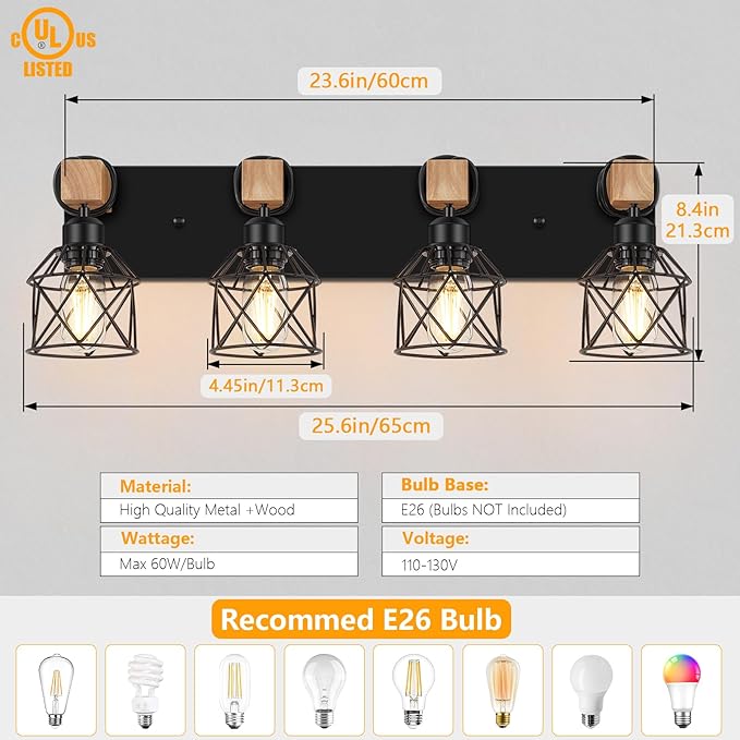 FadimiKoo 4-Light Rustic Style Wood Bathroom Vanity Light Fixtures, Black Bathroom Lighting with Cage Metal Shade, Farmhouse Wall Sconces for Hallway, Bedroom, Dressing Table