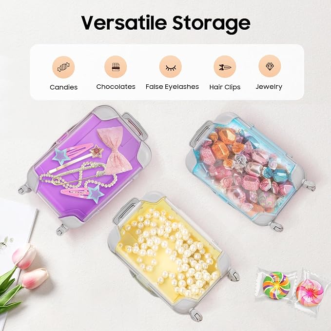 Jiabailie 12 Pack Mini Suitcase Party Favor Gift Box Plastic Mini Luggage Trolley Candy Box False Eyelashes Tiny Suitcase for Girls Birthday Party Jewelry False Eyelashes Storage 5 Colors