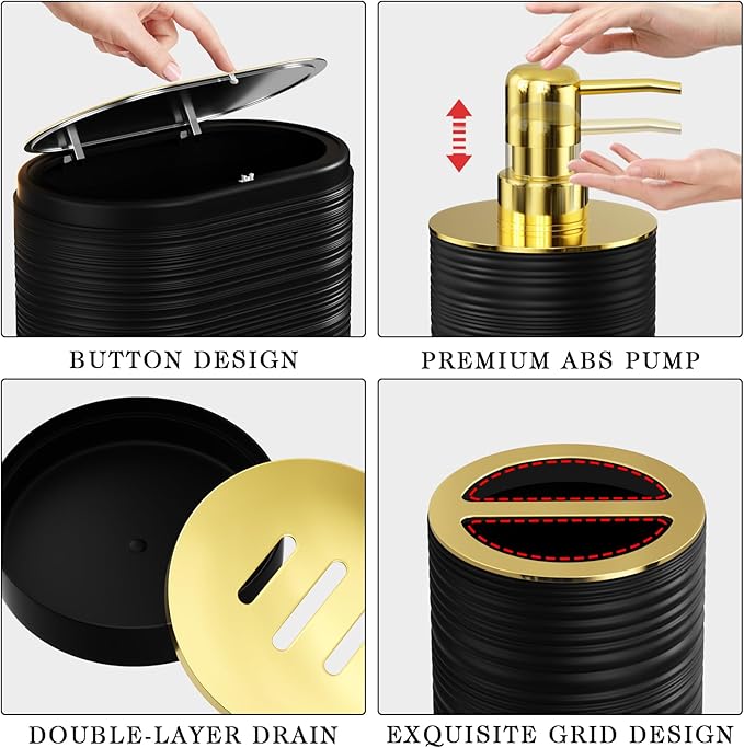 Bathroom Set - Bathroom Sets with Shower Curtain and Rugs, 25PC Bathroom Accessory Set, Black Bathroom Accessories Set with Trash Can, Soap Dispensers