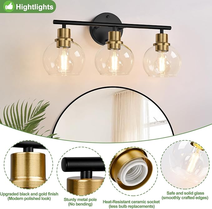 3-Light Bathroom Light Fixtures, Black and Gold Bathroom Lights Over Mirror with Clear Glass Globe Shade, Vanity Lights for Bathroom Kitchen Living Room Hallway Cabinet Bedroom Porch