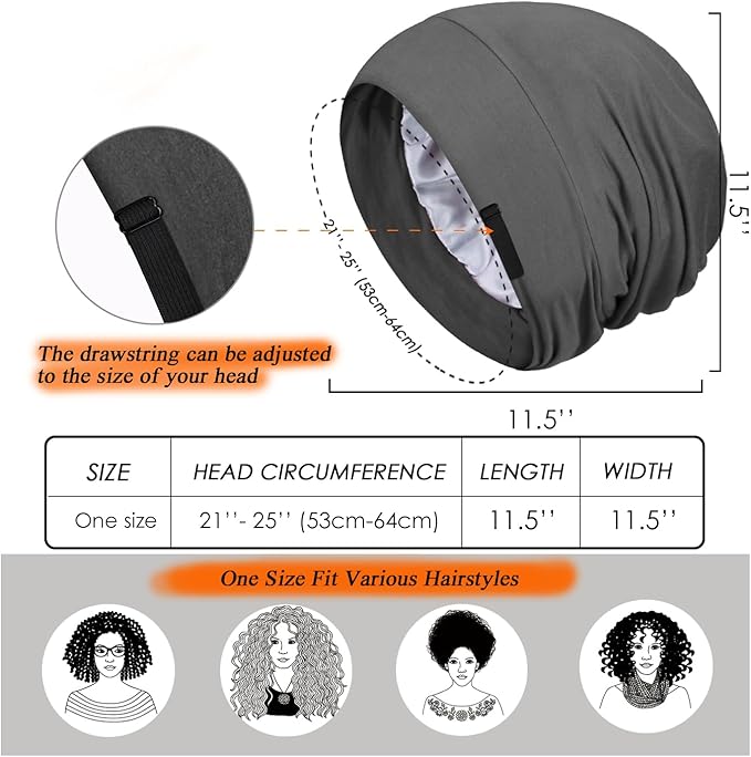 4 Pieces Satin Lined Sleep Bonnet - Adjustable Sleeping Cap Slouchy Beanie Hat for Curly Hair