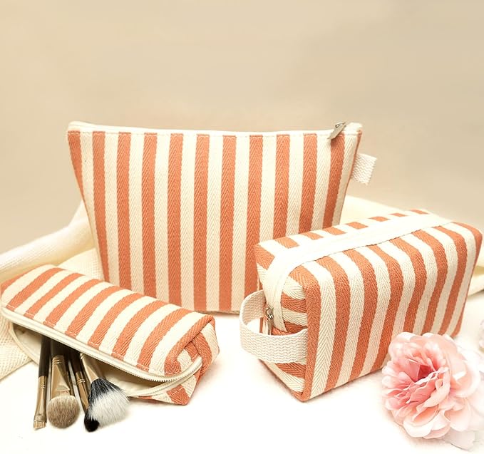 3 Pcs Makeup Bag Set Striped Canvas Purse Cosmetic Bag For Women Travel Toiletry Pouch Organizer pencil case (Orange-White)