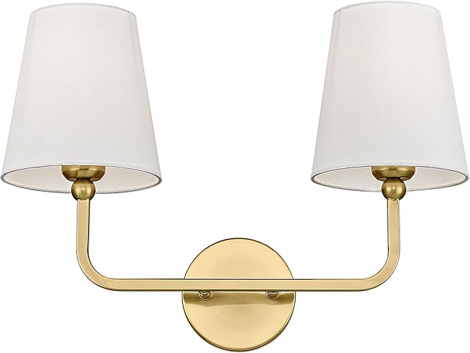 2 Light Bathroom Vanity Light, Brushed Gold Double Wall Sconce with Flared White Fabric Shade, Modern Sconces Wall Lighting for Hallway Bedroom Stairway, VL837-BG