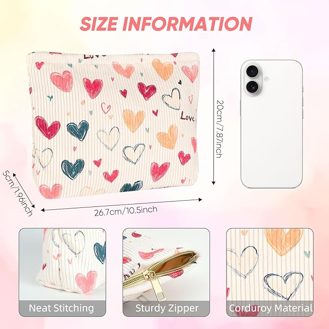 Cute Makeup Pouch for Women Hearts Small Make Up Bag for Purse Zipper Initial Cosmetic Bags Pouches for Purse Aesthetic Travel Toiletrybags,Colorful Heart