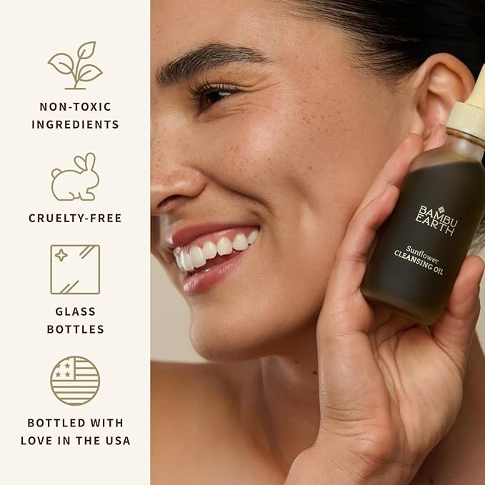 Bambu Earth Sunflower Cleansing Oil - Daily Face Cleanser & Makeup Remover for Clear Skin - Gentle Sunscreen and Makeup Remover, Essential Skincare with Organic Sunflower and Safflower Oils - 2 Fl. oz