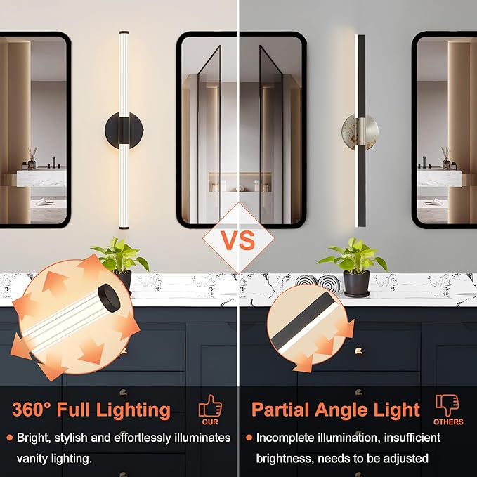 Bathroom Wall Sconces Set of 2 Hardwired, Dimmable 5CCT LED Bathroom Light Fixtures Over Mirror, 360° Full Lighting 23 inch Black Vanity Light Bar Modern Wall Sconce for Bedroom Living Room