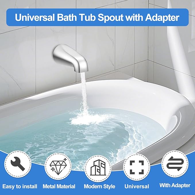 Universal Bath Tub Spout with Adapter, Bathtub Faucet Spout Without Diverter, 5" Length Bathtub Faucet for 1/2'', 3/4'' IPS Inside Thread Connection and Tub/Shower Faucet (Chrome)