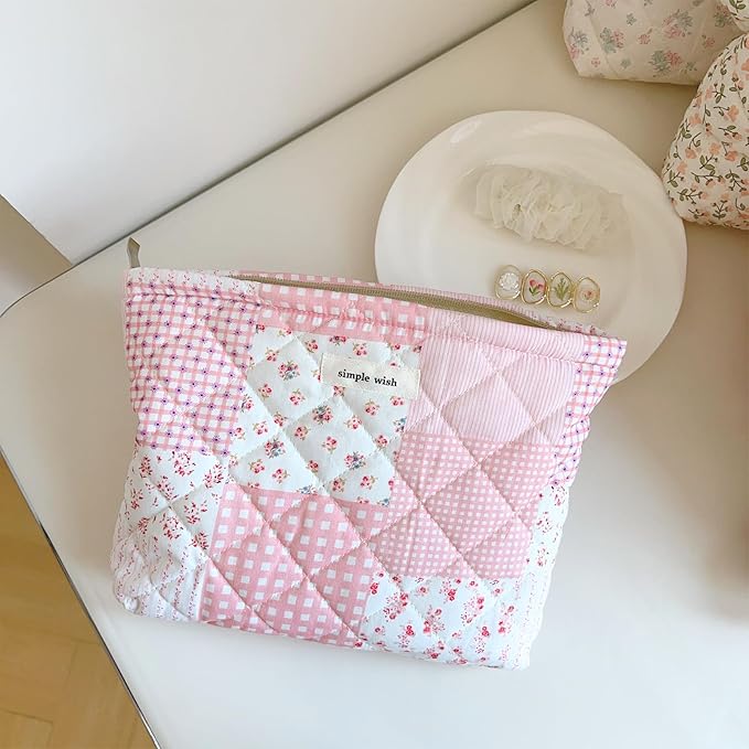 Floral Makeup Bag Large Cotton Quilted Cosmetic Makeup Bag Organizer, Cottagecore Aesthetic Portable Pouch Purse Toiletry Bag for Women Girls Travel accessories
