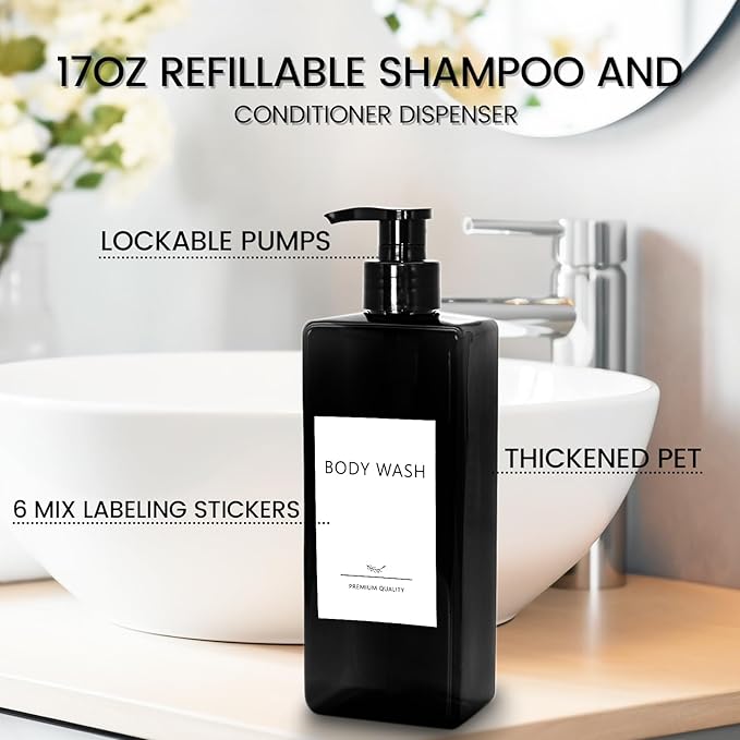 Shampoo and Conditioner Dispenser Set, 3Pack Refillable Shampoo and Conditioner Bottles with Labels, 500ml Soap Dispenser 16.9oz Shower Dispenser Square Pump Bottle for Bathroom and Kitchen - Black