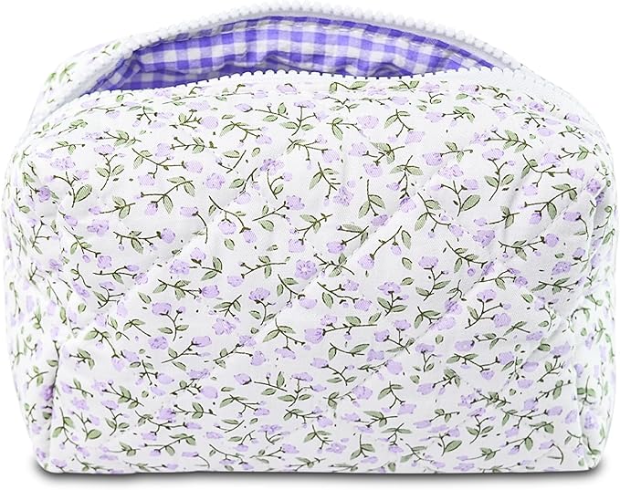 Quilted Makeup Bag Floral Cotton Make up Bag Puffy Coquette Makeup pouch Aesthetic Cute Travel Toiletry Bag for Women Girls