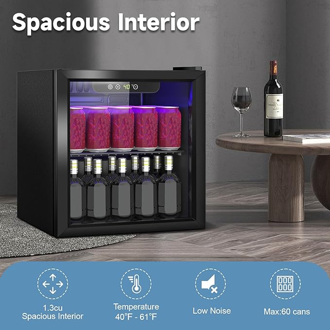 Compact Beverage Refrigerator, 1.3Cu.Ft/60 Can Mini Fridge with Glass Door and Digital Display, Small Drink Fridge with Adjustable Shelves for Soda, Beer, or Wine, Compact Fridge for Bedroom