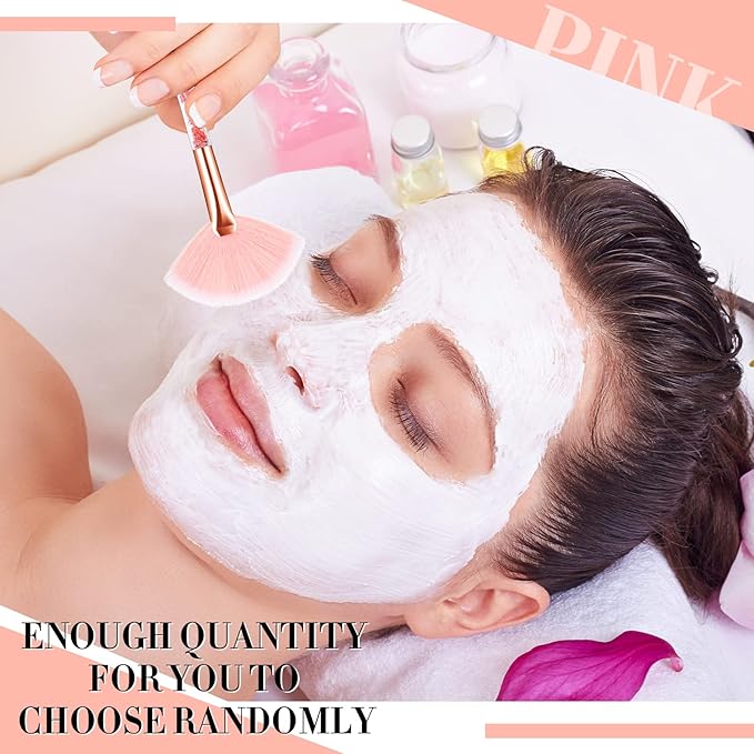 Nuenen 12 Pcs Soft Fan Facial Brushes Mask Acid Applicator Brush for Mud Cream Blush Makeup Peel Glycolic Multi Use Cosmetic Tools with Glitter Quicksand Handle and Pouch(Pink)