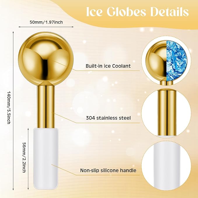 Baderke 2 Pcs Ice Globes for Face Stainless Steel Cooling Globes Unbreakable Cooling Roller Women Ice Balls Cryo Sticks Facials Skin Care for Dark Circles, Puffiness(Gold (White Handle))