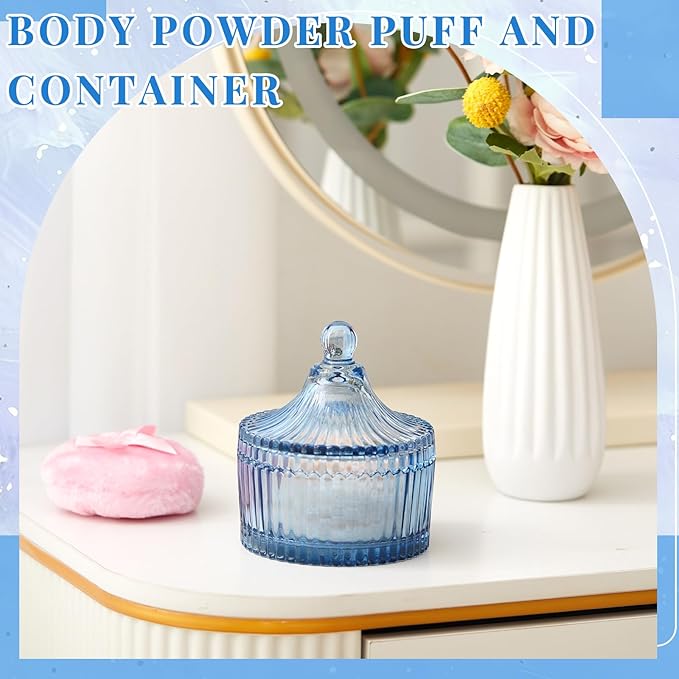 Tioncy 3 Pcs Large Body Powder Puff and Container Valentine's Day gift Powder Container with Puff Crystal Case Soft Washable Reusable Velour Face Body Glitter Wet Dry Makeup(Classic,Blue)