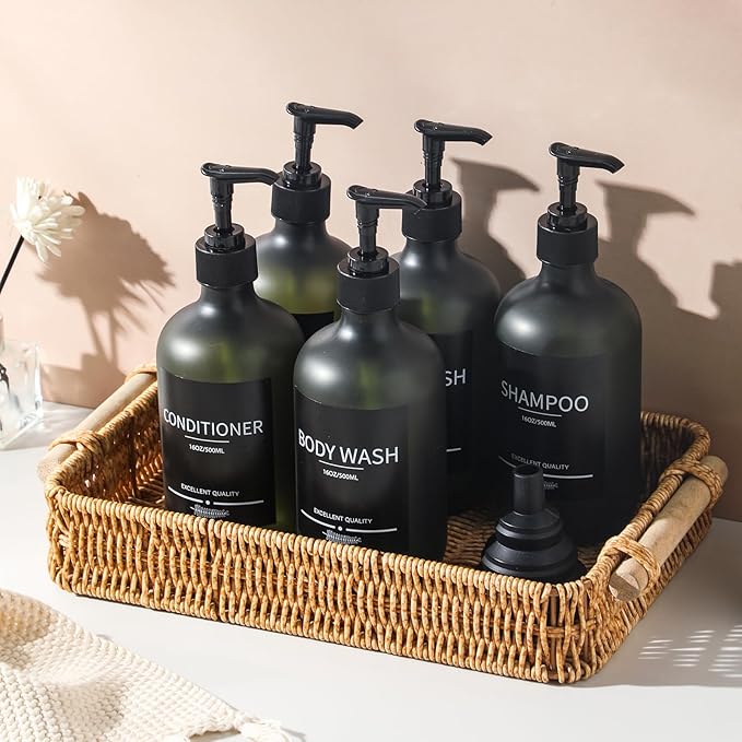 Plastic Refillable Shampoo and Conditioner Bottles with Pumps and Labels (5-Pack, Green)