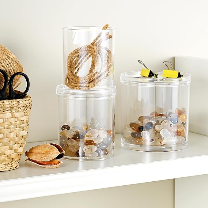 SheeChung 2-Pack Stackable Clear Qtip Holder - 10oz Crystal Apothecary Jars with Storage Lids - Clear Plastic Bathroom Countertop Organizer for Cotton Balls, Swabs, Pads - Pinterest Style Decor