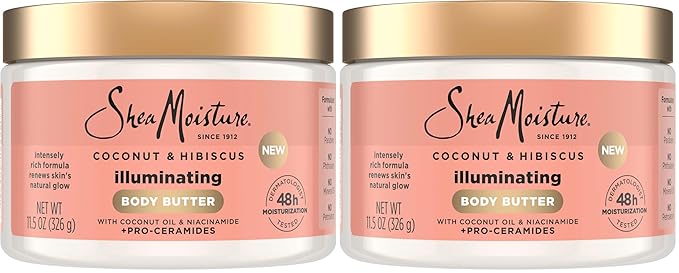 SheaMoisture Illuminating Body Butter with Coconut & Hibiscus, Niacinamide and Pro-Ceramides, Renewing Skin’s Natural Glow, 48H Moisturizing 11.5 oz,(Pack of 2)