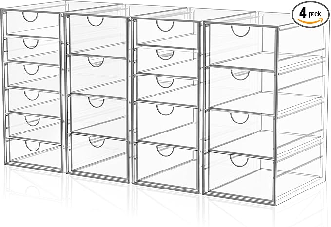 Acrylic Makeup Organizer with 19 Drawers, 4 Pack Clear Storage Drawers, Bathroom Makeup Organizer for Palettes, Cosmetic, and Beauty Supplies,Ideal for Vanity, Cabinet,Desk Organization