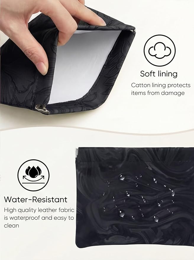 PU Leather Makeup Pouch Set for Women Small Make Up Bag for Purse Waterproof Initial Makeup Cosmetic Bags Pouches for Purse Aesthetic Travel Toiletry Bag,Elegant Wave Black