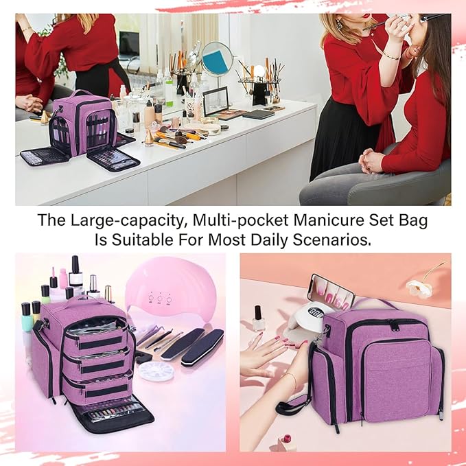 Nail Polish Organizer Storage Box, Holds 90 Bottles of Nail Polish, Portable Travel Case with 3 Separate Storage Bags, Can Be Used for Nail Art Supplies, Manicurists, etc Purple