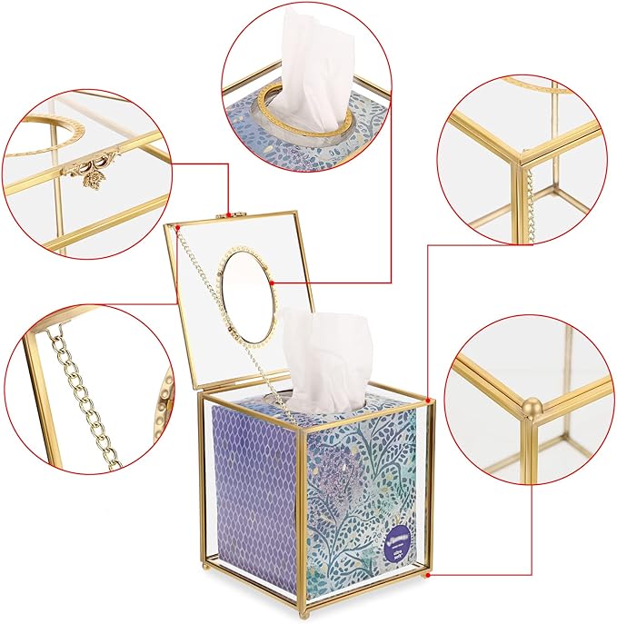 Sumnacon Square Clear Glass Tissue Box Cover -Dainty Cube Tissue Box Holder, Gorgeous Gold Facial Tissue Holder for Dresser Bathroom Bedroom Home Office Bar Restaurant Decor