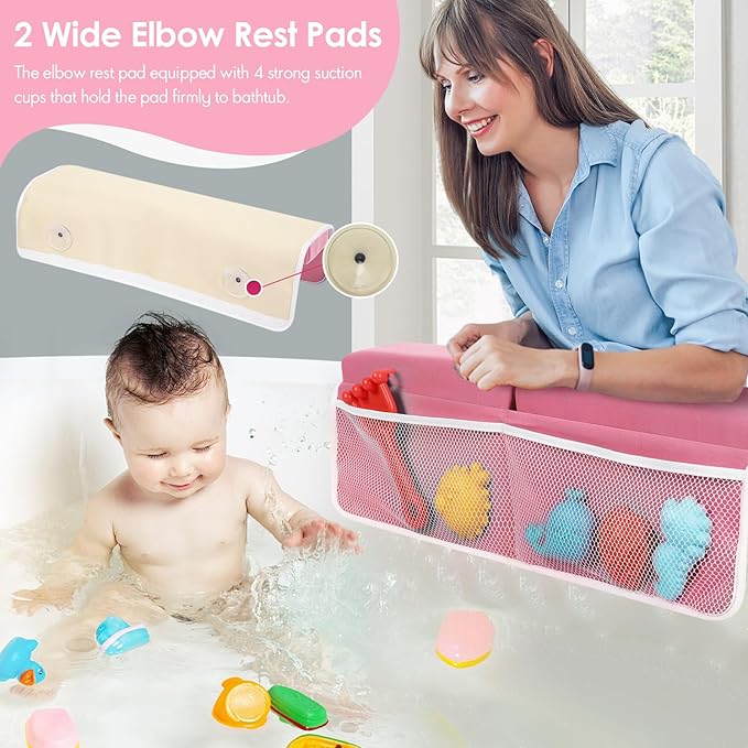 Bath Kneeler and Elbow Rest Pad Set - 2-Inch Thick Comfortable Baby Bath Kneeler Pads, Quick-Dry Non-Slip Bathtub Mat with Toy Organizer for Knee & Arm Support for Baby Bath Time