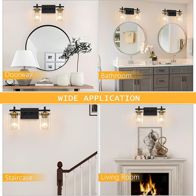 2-Lights Black and Gold Bathroom Light Over Mirror with Square Glass Shade and Metal Base, Gold Wall Vanity Lights for Bedroom, Stairs, Living Room, Hallway