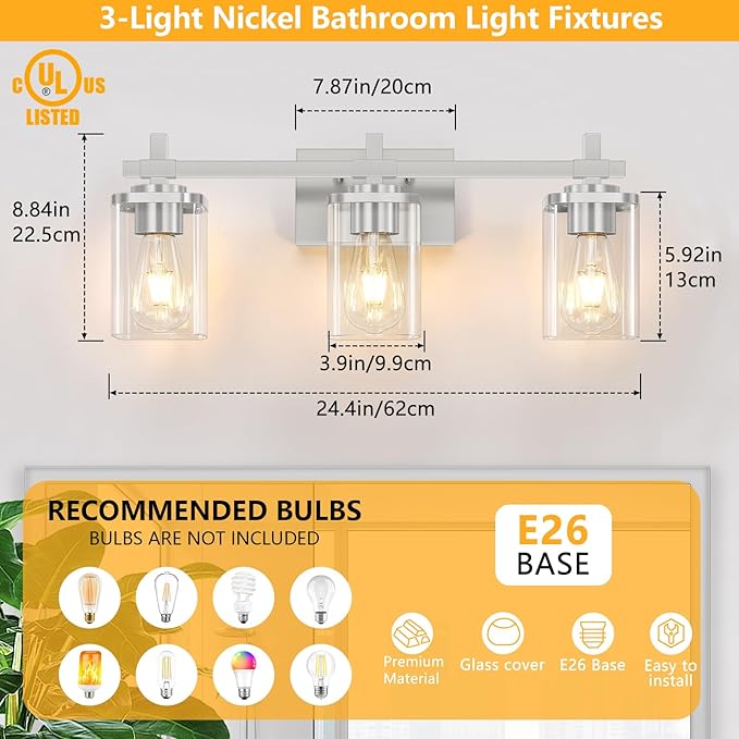 Brushed Nickel Bathroom Light Fixtures, 3-Lights Bathroom Vanity Light with Glass Shades, Modern Vanity Lights for Mirror, Wall Lights for Living Room, Hallway, Cabinet, E26 Base