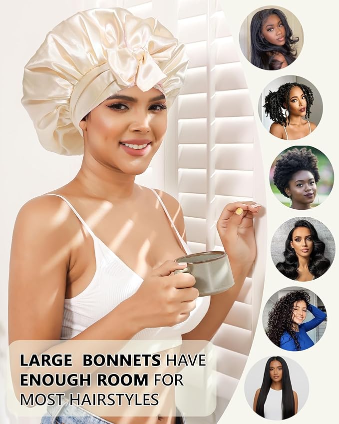 Satin Bonnet Silk Hair Wrap for Sleeping - Reversible Bonnets for Curly Hair - Double Layer Night Cap with Tie Band (Champagne + Pink)