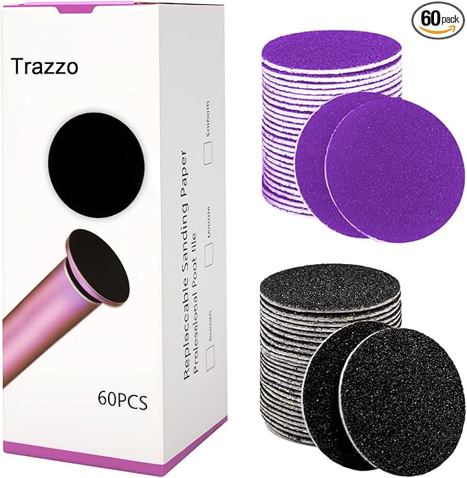 Trazzo 80/120/180 Grit Replacement Sanding Discs for Electric Foot File - Color-Coded Refill Sandpaper Pads for Callus Remover, Fits Most Round Foot Grinders (60PCS)