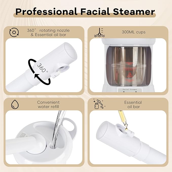 Facial Steamer, Facial Steamer Professional Tabletop with Extendable Nozzle, Portable Nano Ionic Face Steamer for Home Use（White）