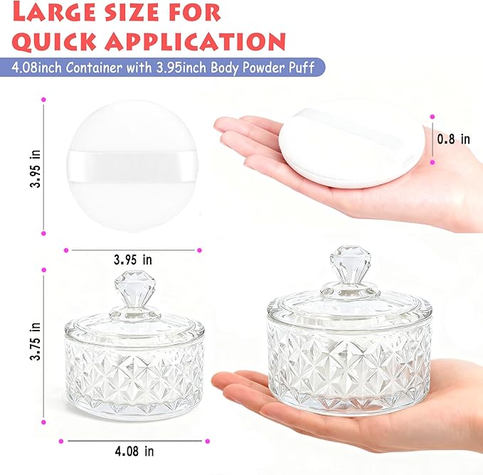Large Body Powder Puff and Container - 2 Powder Puffs for Women Bath and Face Dusting Powder, Makeup Setting Powder Applicator for Talcum or Loose Powder (White)