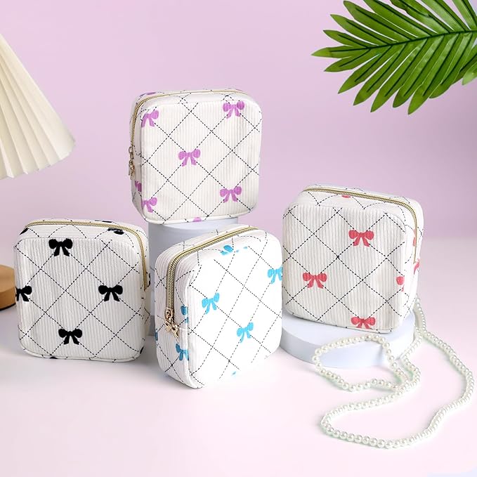 Period Bag for Women - Cute Corduroy Sanitary Napkin Storage Bag with Bow Design | Period Pouch for Daily Use, Travel | Discreet Menstrual Pouch | Pad Bags for Period Holds Pads, Tampons