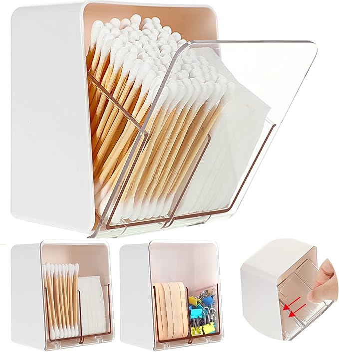 Sieral 2 Pcs Cotton Ball Holder Canisters for Cotton Swab/Pad/Ball Floss Dispenser Container Box with 2 Compartments Bathroom Storage Organizer with Clear Lid for Round Pads Makeup, White