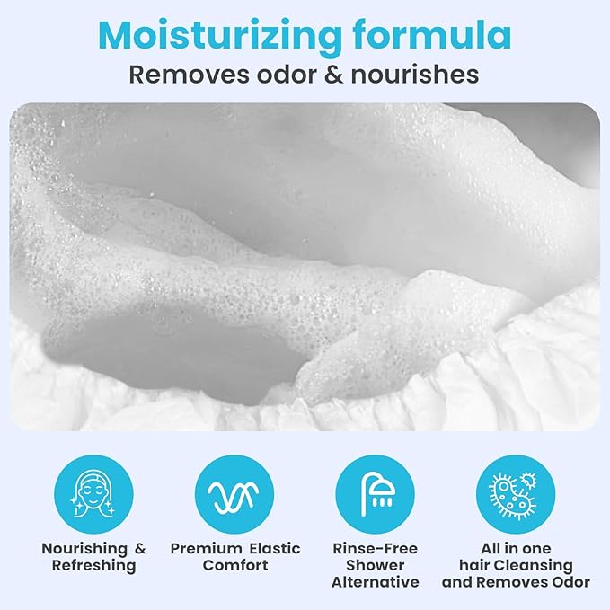 Drench No Water Hair Washing Cap - Waterless Shower Caps with Shampoo and Conditioner - Disposable Rinse Free Wash Aids - Ideal for Elderly and Disabled - Pack of 24