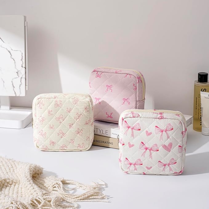 Small Quilted Cosmetic Pouch for Purse, Mini Cotton Makeup Bag with Compartments, Cute Zipper Lipstick Holder for Women (02Heart Bow)
