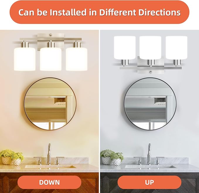 CANMEIJIA 3-Light Bathroom Vanity Light Fixtures with Brushed Nickel, Modern Vanity Lighting for Bedroom Living Room, Vanity Lights with Milky White Glass Shades, E26 Socket, Bulbs Not Included
