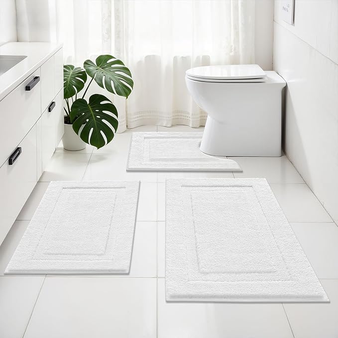 SHACOS White Bathroom Rugs Sets 3 Piece, 16"x24" + 20"x32" Non Slip Bath Mat and 20"x24" Toilet Rugs U Shaped Washable, Soft Fluffy Water Absorbent Bath Rugs for Bathroom