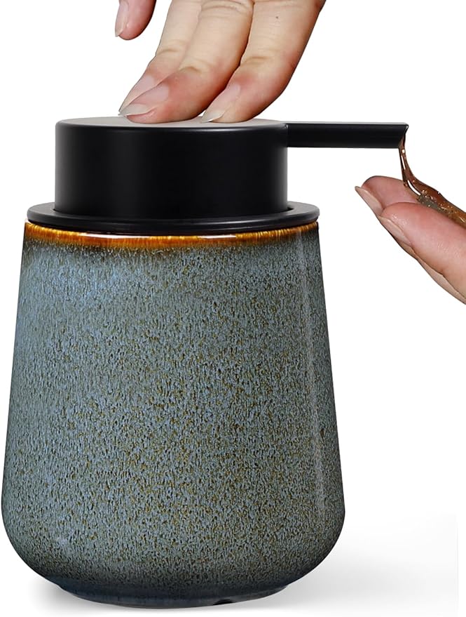 INGOFIN Ceramic Lotion Dispenser - 12 oz Refillable Hand Soap Dispenser Bathroom, Modern Liquid Dispenser with Pump, Dish Soap Dispenser for Kitchen,Kiln-Glazed Blue Green