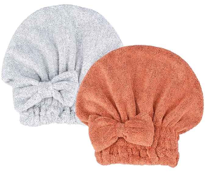 Microfiber Hair Drying Towels Head wrap 2-Pack with Bow-Knot Shower Cap Hair Turban hairWrap Bath Cap for Curly Long & Wet Hair Gift for Women 2pack (SalmonRed+Heathered Gray)