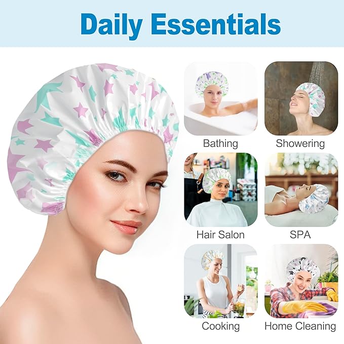 6 PCS Shower Caps for Women, Double Side Waterproof Shower Cap, Reusable Elastic Bath Caps for Shower, EVA Bathing Shower Caps, Bath Hair Caps - Star