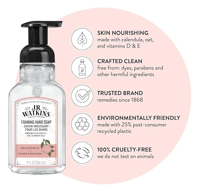J.R. Watkins Foaming Hand Soap with Pump Dispenser, Moisturizing Foam Hand Wash, Alcohol-Free and Cruelty-Free, Pamplemousse/Grapefruit, 9 fl oz, 3 Pack