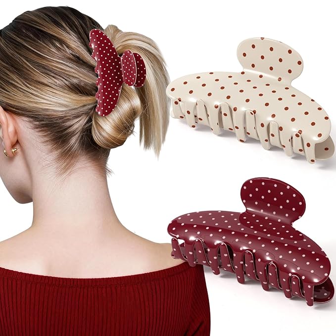 2 Pack Medium Hair Clips for Women, Strong Hold Recycled Plastic Claw Clips for Thick Hair Polka Dot | Great for Updo Half Up Hairstyle | Ideal Gifts for Women - Red and Beige Holiday Gift