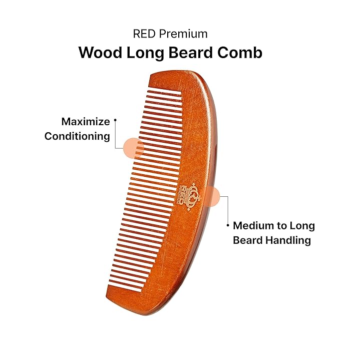 RED by Kiss Premium Wood Men Long Beard Comb, Easy Detangling and Styling, Durable Design for Gentle Beard Hair & Mustache Grooming Essential, No Snagging & Pulling, Maximize Conditioning