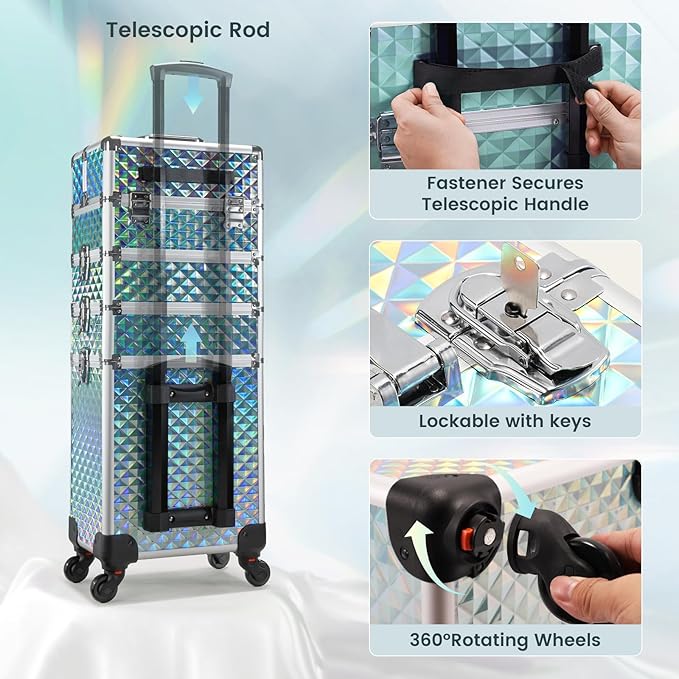Stagiant Rolling Makeup Case Cosmetology Case on Wheels 4 in 1 Makeup Travel Case Large Cosmetic Organizer Storage with Key Swivel Wheels Nail Artist Salon Traveling Cart Trunk Watery Blue
