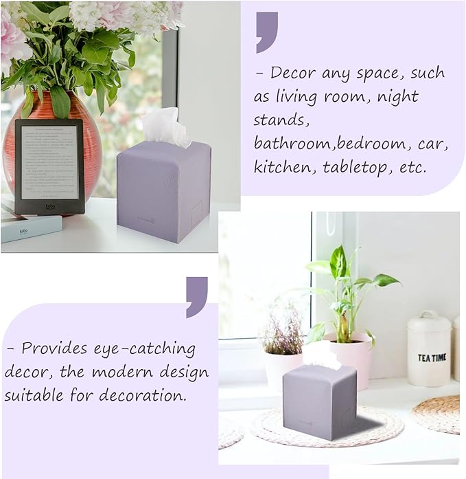 Tissue Box Cover 5X5X5'' PU Leather Tissue Holder Square Tissue Cube Box Organizer for Bathroom Vanity Countertop, Car, Night Stands, Office, Home, Kitchen (2Pack, Light Bray Purple)